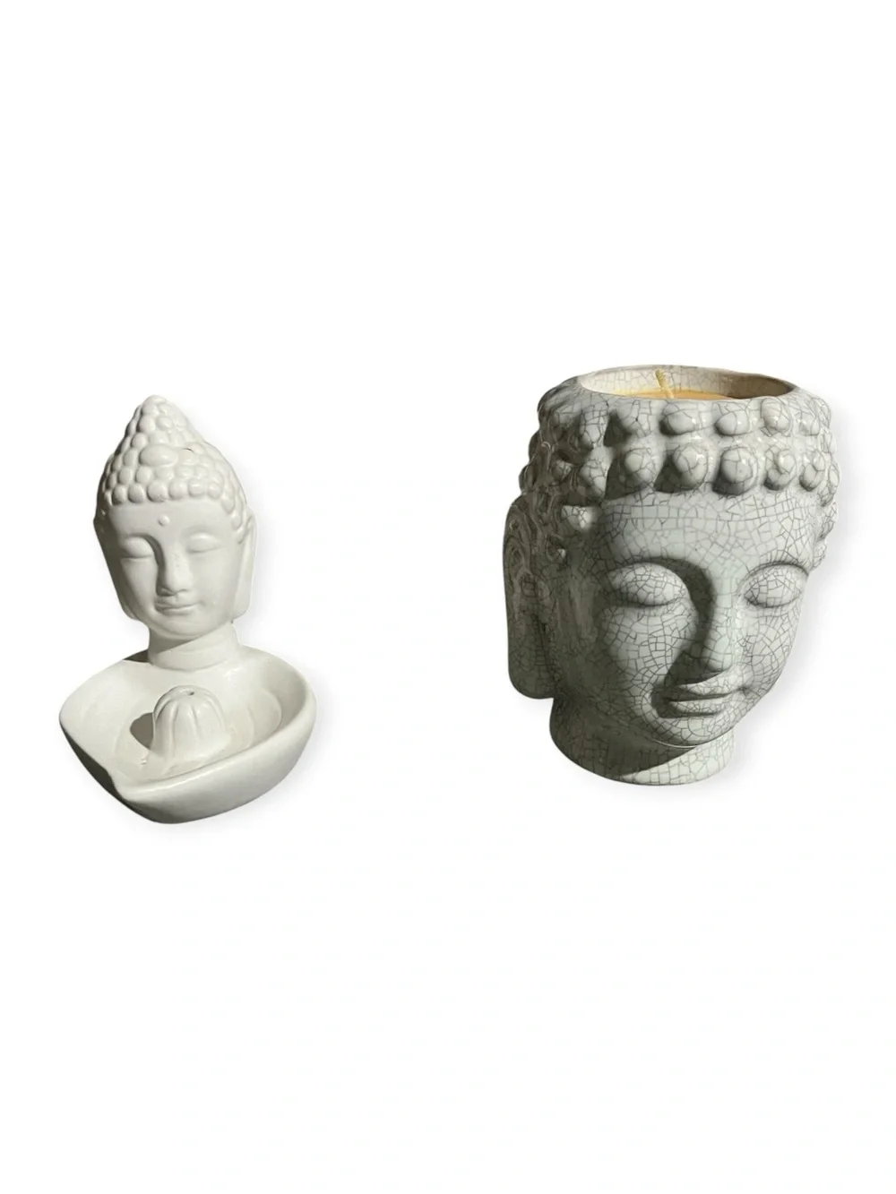 White Buddha Head Home Accent Sculpture - Serene Ceramic Decorative Candle Set